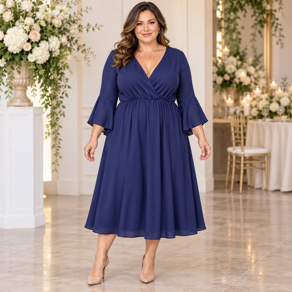 Kiyonna Navy Blue Wrap V-Neck Bell Sleeve Mid-Calf Dress Plus Size 2X USA Made